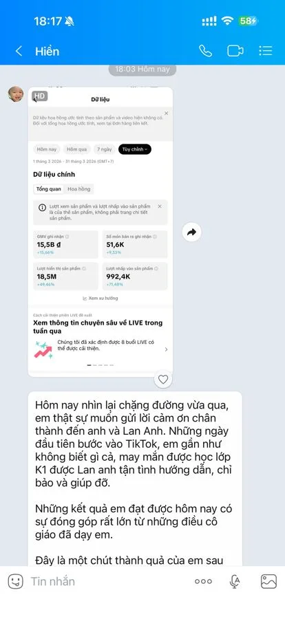 Kết quả TikTok Shop học viên Hiền - GMV 15.5 tỷ