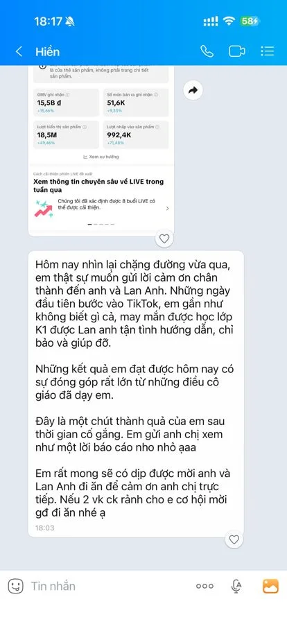 Tin nhắn cảm ơn học viên Hiền